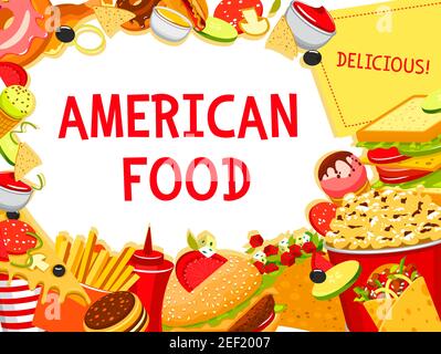 Fastfood-Poster mit Burgern, Pizza und Sandwiches für Fastfood-Restaurant oder Liefermenü Vorlage. Vector Combo Cheeseburger, Hamburger Mahlzeiten heiß Stock Vektor