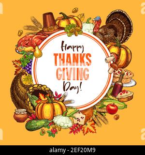 Thanksgiving Day Poster von traditionellen gerösteten truthahn und Obstkuchen, Kürbis oder Mais und Pilze Ernte in Füllhorn. Vektor Skizze Design von Autum Stock Vektor