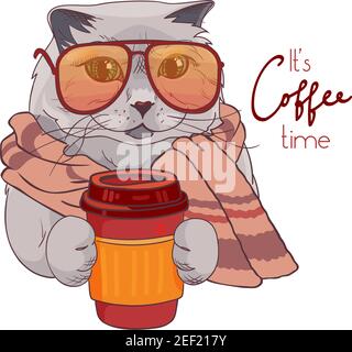 Britische Katze in Sonnenbrillen und ein Glas Kaffee. Print mit niedlichen Kätzchen in einem Schal und Schriftzug Coffee Time verpackt. Cartoon-Stil. Vektorplakat, isoliert auf weißem Hintergrund Stock Vektor