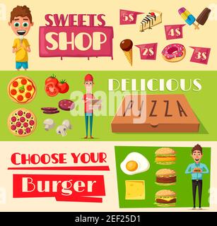 Fastfood-Banner für Pizzeria, Burger oder süße Konditorei. Vector Set von Pizza Lieferung Mann, Cheeseburger oder Hamburger, Schokolade und Eis des Stock Vektor