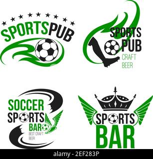 Fußball Sport Pub Icons Vorlagen für Fußball Fanclub Bier Bar. Vektor isolierte Symbole von Bier trinken und Fußball oder Fußball-Cup Flügel und cham Stock Vektor