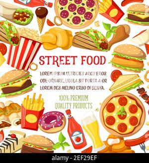 Fastfood Street Food Mahlzeiten und Snacks Sandwiches und Hamburger Poster für Restaurant Café Bistro-Menü. Vector Fast Food Cheeseburger und Hot Dog, Stock Vektor