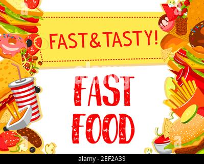 Fast Food Café Menü Poster Design Vorlage für Fastfood Restaurant Bistro Burger, Snacks und Sandwiches. Vector Cheeseburger oder Hamburger und Pizza, Stock Vektor