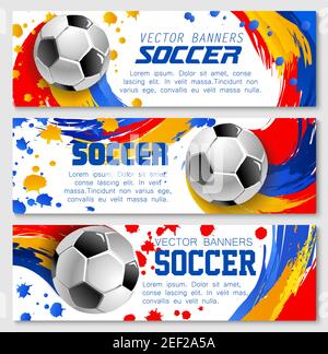 Fußball-Banner für Fußball-Meisterschaft oder Fanclub und Sportliga-Team. Vektor Hintergründe der gelben, blauen und roten Farbe Splash Fußball Tor Stock Vektor