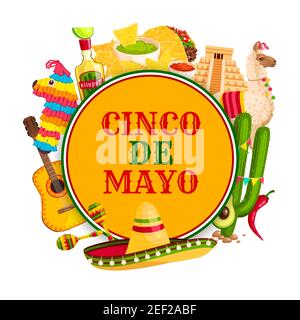 Cinco de Mayo Festival Poster mit mexikanischen Feiertag-Symbole. Sombrero Hut, Chili Pfeffer und Maracas, Tequila margarita, Flamenco Gitarre und Kaktus, tac Stock Vektor