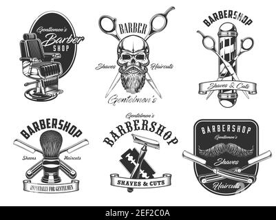 Barbershop, Rasuren und Friseursalon. Vector Barbershop Stange, Hipster Schädel mit Bart und Schnurrbart, Rasiermesser, Friseurstuhl, Schere Stock Vektor