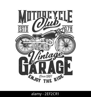 T-Shirt-Print mit individualisiertem Fahrrad, Bekleidung Vektor-Design für Motorrad-Sport-Club. T-Shirt monochromer Druck mit Retro-Offroad-Bike und Typografie vinta Stock Vektor