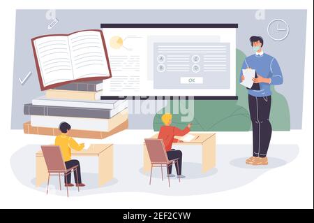 Flache Cartoon-Zeichen Schüler und Lehrer, offline Online-Bildung Vektor Illustration Konzept Stock Vektor