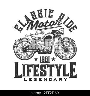 T-Shirt-Print mit individualisiertem Fahrrad, Retro-Offroad-Motorrad, Bekleidung Vektor-Design. T-Shirt monochromer Druck mit Typografie legendärer Lifestyle, Isolate Stock Vektor