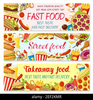 Fast Food Burger Restaurant oder Street Food Cafe Banner von Cheeseburger oder Hamburger und Hot Dog Sandwich, Donut Kuchen und Kaffee oder Soda, Pizza und f Stock Vektor