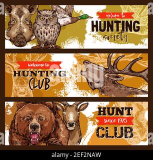 Jagd Sport Banner für Jäger Club Vorlage mit wildem Tier und Vogel. Reh, Ente und Bär, Wildschwein, Elch und Eule Skizzen Poster mit Band Banner für Stock Vektor