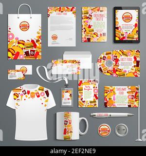 Corporate Identity Vorlage für Fast Food Restaurant Branding. Briefkopf, Visitenkarte, Broschüreneinband und Schreibwaren mit Markenlayout von Burger, h Stock Vektor