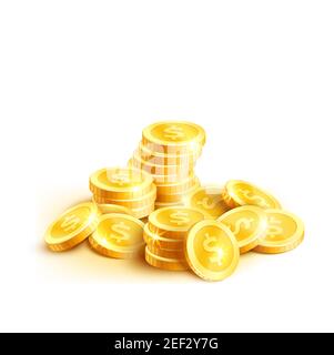 Goldene Münzen oder Gold Cent Münze Haufen Symbol. Vektor isoliert Symbol der goldenen Dollar-Münzen Geld Stack Placer für Casino Poker Jackpot gewinnen Spiel oder reich w Stock Vektor