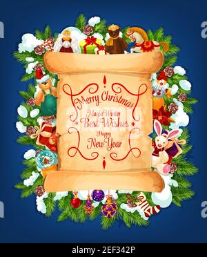 Frohe Weihnachten und Happy New Year Best Wishes Schriftzug auf alter Papierrolle mit Winterurlaub Ornamenten auf blauem Hintergrund. Vektor-Grußkarte de Stock Vektor