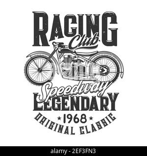 T-Shirt-Print mit Off-Road-Retro-Bike für Rennclub, Sport-Team-Bekleidung Vektor-Design. T-Shirt-Print mit Vintage-Motorrad und Typografie legenda Stock Vektor