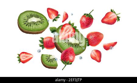 Kiwi und Erdbeeren fliegen auf weißem Hintergrund. Stockfoto