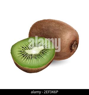 Ganze Kiwi mit einer halben Kiwi auf weißem Hintergrund. Stockfoto