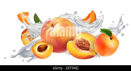 Aprikosen und Pfirsiche in einem Joghurt oder Milchspritzer. Stockfoto