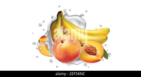 Bananen und Pfirsiche in Milchspritzern oder Joghurt. Stockfoto