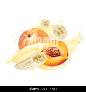 Pfirsiche und Bananen in Joghurtspritzern oder Milchshake. Stockfoto