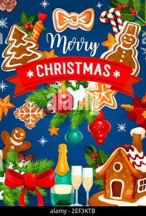 Weihnachtskekchen Grußkarte der Winterfeiertage. Lebkuchenmann, Weihnachtsbaum, Schneeflocke und Stern, Schneemann und Haus Ingwer Keks Poster Stock Vektor