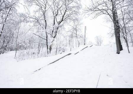 Verschneite Treppe im Park. Winterlandschaft. Führungslinien. Hochwertige Fotos Stockfoto