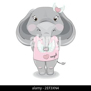 Baby Elefant n rosa Grafik T-Shirt mit Angtel Flügel und Herz Bild in der Hand Zeichnung Cartoon-Stil, für T-Shirt tragen Mode drucken Design, Gruß c Stock Vektor