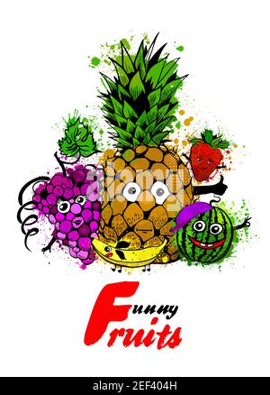Fröhliche Set Früchte. Familie der Früchte. Vektorgrafik Stock Vektor