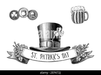 Saint Patrick's Day Logo Handzeichnung Vintage Gravur Stil schwarz Und weiße Clip Art isoliert auf weißem Hintergrund Stock Vektor