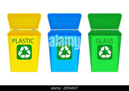 Satz von Papierkorb mit Abfall Recycling Symbol isoliert auf weißem Hintergrund. Müllcontainer für die getrennte Sortierung von Müll. Vektorgrafik Stock Vektor
