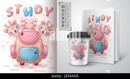 Hirsch mit Schultasche Poster und Merchandising. Stock Vektor