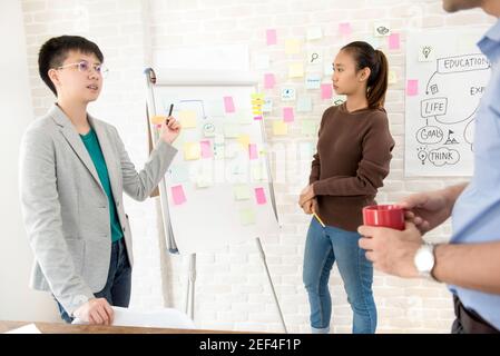 Gruppe von Studenten, die das Projekt im Klassenzimmer vorstellen und diskutieren Stockfoto