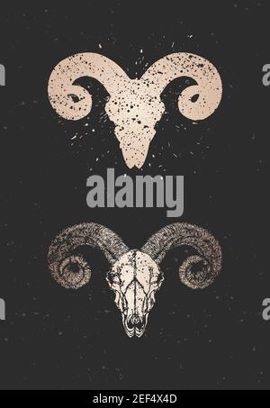 Vektor-Illustration mit zwei Varianten von handgezeichneten wilden Widder-Totenköpfen auf schwarzem Hintergrund. Goldene Silhouetten und Konturen mit Grunge-Textur. Für Sie des Stock Vektor