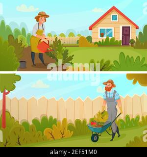 Zweifarbiges horizontales Gartenbanner-Set mit Sämlingen und Bewässerung Blumenbeete Vektorgrafik Stock Vektor