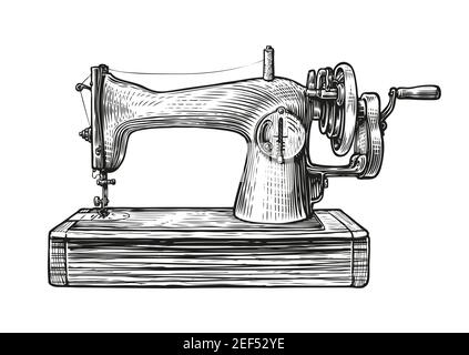 Nähmaschine Retro Skizze. Schneiderei Vintage Vektor Illustration Stock Vektor