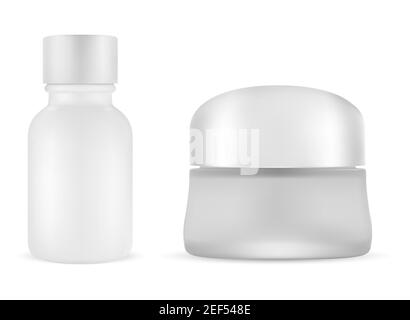 Weiße kosmetische Creme Glas. Blank-Set für Serumflaschen. Verpackungsbehälter aus mattem Glas mit Kunststoffkappe. Matt Foundation Flasche, silberner Deckel. Scrup Fla Stock Vektor