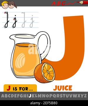 Pädagogische Karikatur Illustration des Buchstaben J aus Alphabet mit Saft Wort für Kinder Stock Vektor