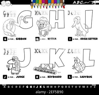 Schwarz-Weiß-Cartoon-Illustration von Großbuchstaben aus Alphabet Lernset zum Lesen und Schreiben Praxis für Kinder aus G bis L Färbung b Stock Vektor