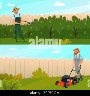 Zwei horizontale farbige Cartoon Gartenarbeit Banner mit zwei gesetzt Arbeiten Gärtner Vektor-Illustration Stock Vektor