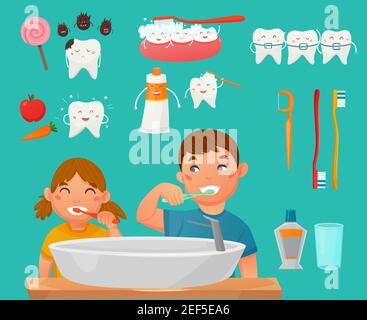 Farbige und isolierte Zähne putzen Kinder Symbol Set mit Jungen Und Mädchen waschen ihre Gesichter in der Badezimmer Vektor-Illustration Stock Vektor