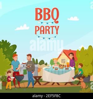 Farbige Cartoon Grill Party Poster mit Familie im Hinterhof Ihr Haus Vektor Illustration Stock Vektor