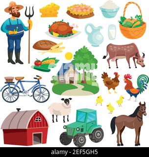 Sammlung von ländlichen dekorativen Cartoon-Ikonen mit Bauer mit Pitchfork Nutztiere und Gerichte aus natürlichen Produkten isoliert Vektor-Illustration Stock Vektor