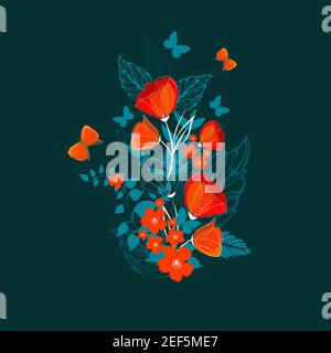 Bouquet mit roten Blumen und blauen Blättern. Vektorgrafik Stock Vektor