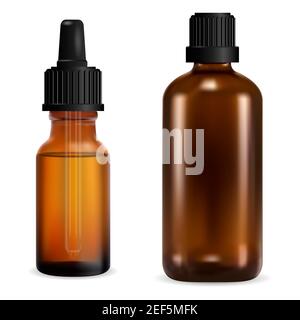 Braune Glasflasche. Medizinischer Tropfflack mit schwarzer Kappe. Fläschchen mit ätherischem Öl, kosmetisches Serum-Modell. Amber Vorlage der pharmazeutischen Tinktur pa Stock Vektor