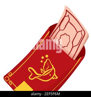 Offener chinesischer roter Umschlag mit Banknote und Fischzeichnung als Symbol für Fülle und Glück, isoliert auf weißem Hintergrund. Stock Vektor