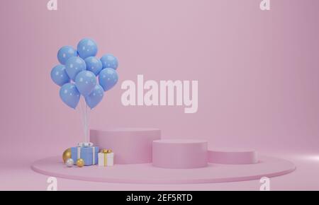 Geschenkbox mit Ballon und Kreis Podium auf rosa pastellfarbenen Hintergrund. Abstrakte Feier Plattform Szene. 3D Rendern Stockfoto