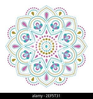 Punktmalerei trifft auf Mandalas. Aborigines Stil der Punktmalerei und Kraft des Mandalas. Dekorative Blume. Punktmuster, mehrfarbig verziert Stock Vektor