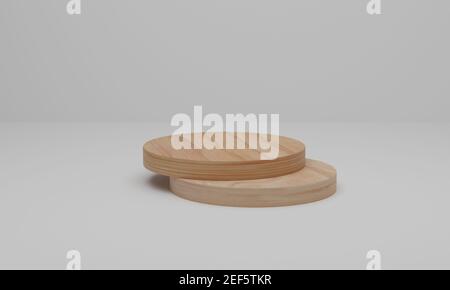 3D Rendern. Holzpodium auf weißem Hintergrund. Abstrakte Minimalszene mit geometrischer Darstellung. Sockel oder Plattform für Display, Produktpräsentation, Mock-up, Stockfoto