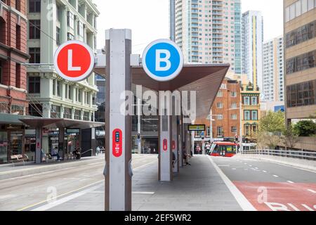 Öffentliche Verkehrsmittel in Sydney Stadtbahn- und Bushaltestellen im Stadtzentrum, Sydney, Australien Stockfoto