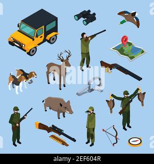 Farbige und isolierte Jagd isometrische Icon-Set mit Attributen Ausrüstung Und Transportvektordarstellung Stock Vektor